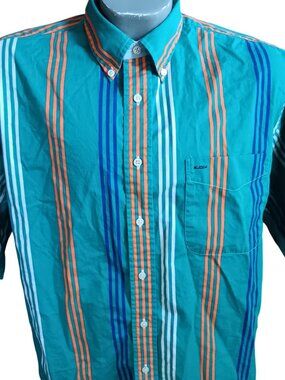 Men's Large Shirt Deep River Vintage Y2K Striped Button-Down Turquoise Orange